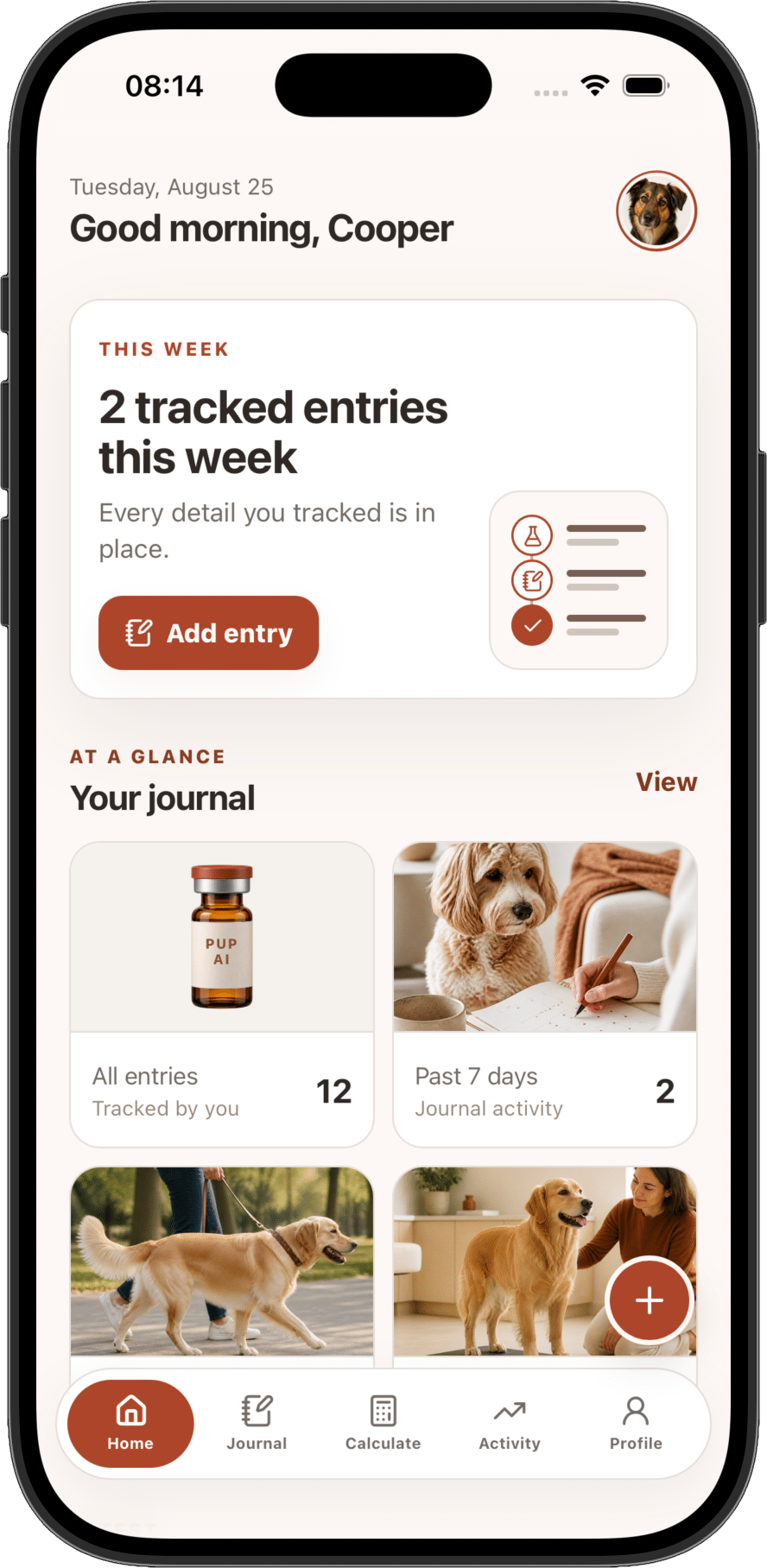 Pup AI home screen showing Cooper's weekly journal overview